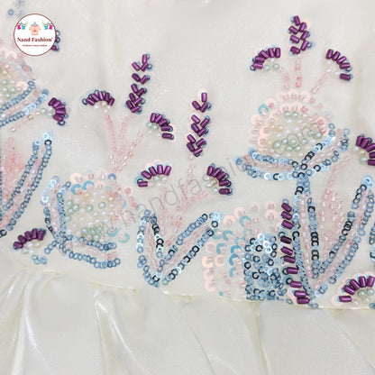 Elegant White Embroidered Puff Sleeve Party Wear Frock for Baby Girls