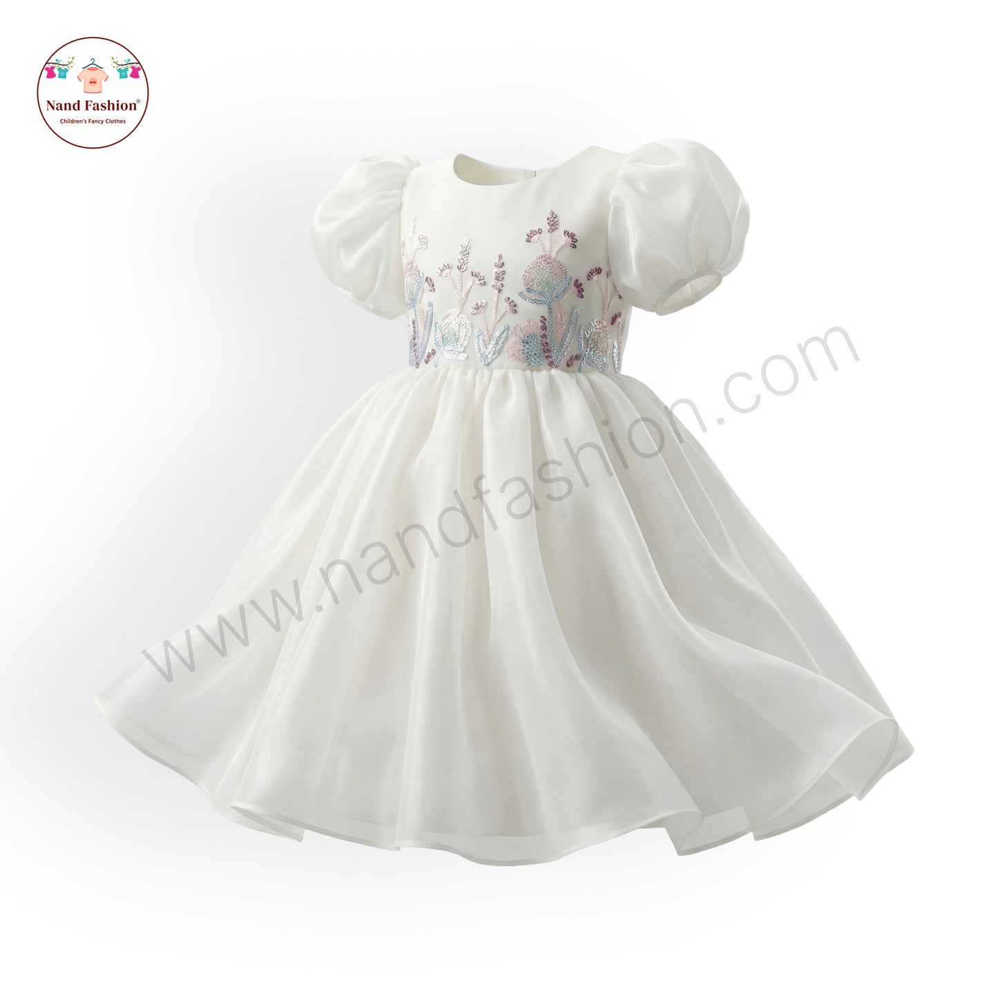 Elegant White Embroidered Puff Sleeve Party Wear Frock for Baby Girls