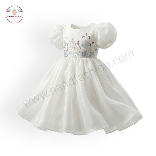 Elegant White Embroidered Puff Sleeve Party Wear Frock for Baby Girls