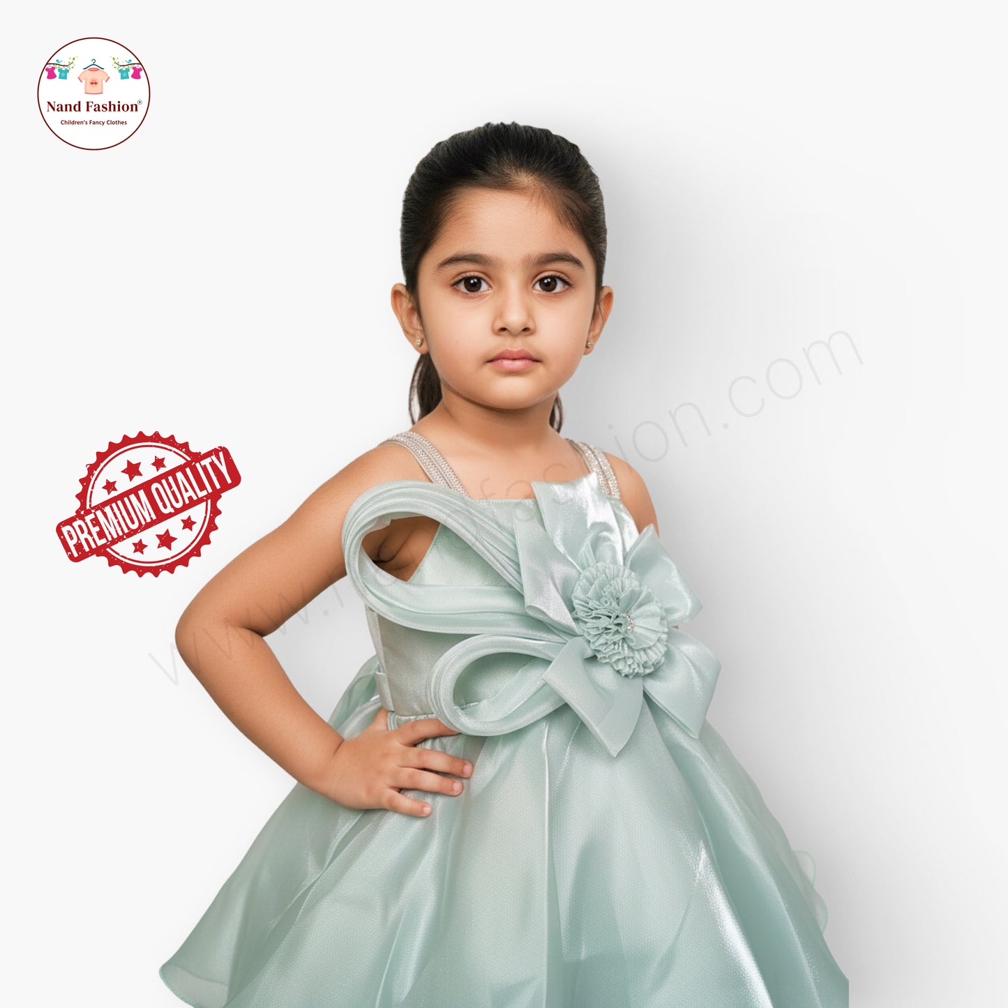Mint Green Satin Party Wear Frock with Bow & Flower for Baby Girls