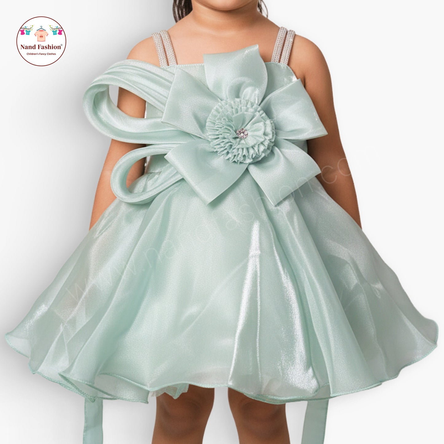 Mint Green Satin Party Wear Frock with Bow & Flower for Baby Girls