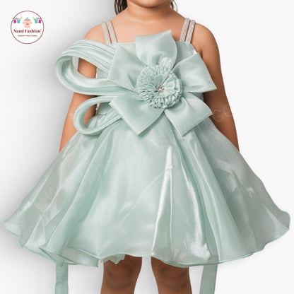 Mint Green Satin Party Wear Frock with Bow & Flower for Baby Girls