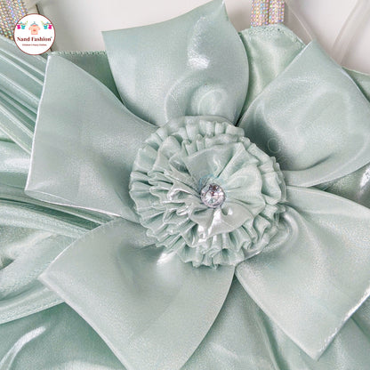 Mint Green Satin Party Wear Frock with Bow & Flower for Baby Girls