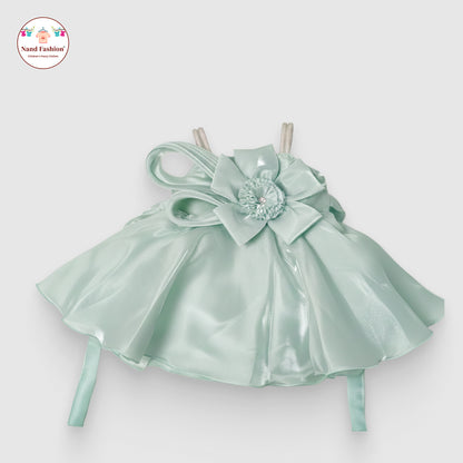 Mint Green Satin Party Wear Frock with Bow & Flower for Baby Girls