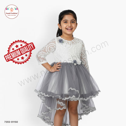 Girls White & Grey Net Party Wear Frock with Floral Appliqué & High-Low Hem