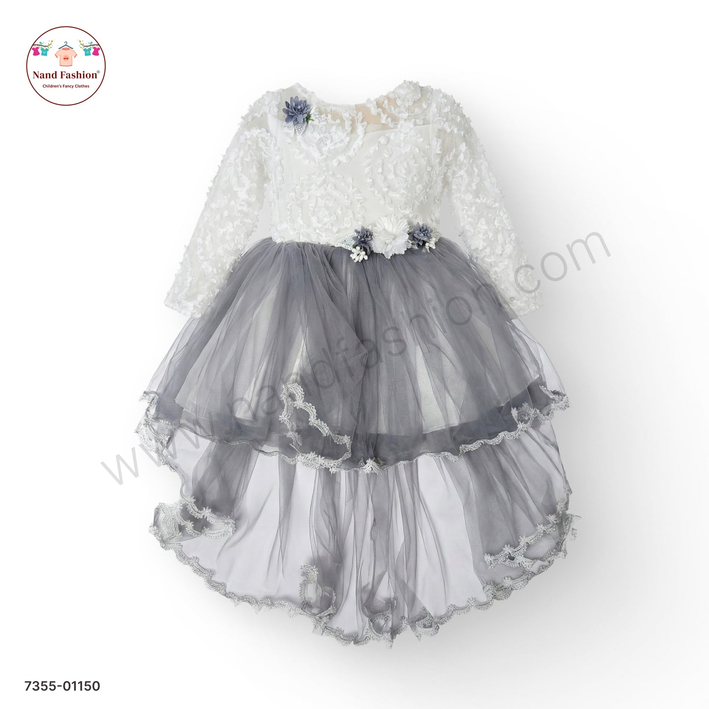 Girls White & Grey Net Party Wear Frock with Floral Appliqué & High-Low Hem