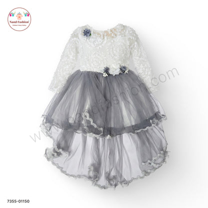 Girls White & Grey Net Party Wear Frock with Floral Appliqué & High-Low Hem