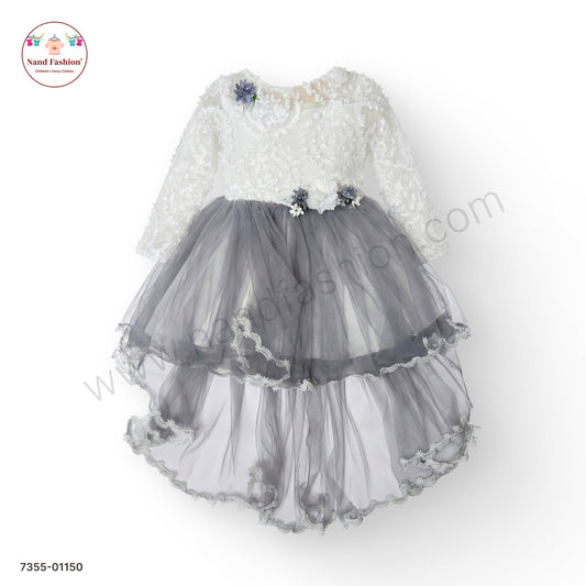 Girls White & Grey Net Party Wear Frock with Floral Appliqué & High-Low Hem