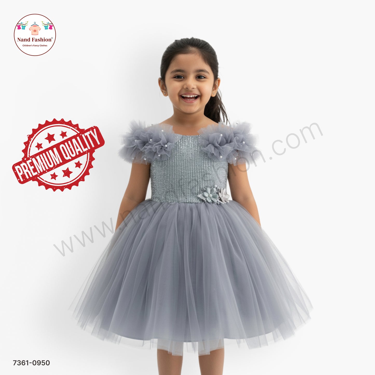 Girls Grey Net Party Wear Frock with Ruffle Sleeves & Floral Waist Appliqué