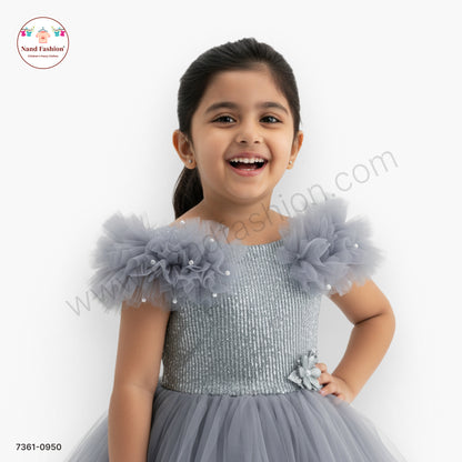 Girls Grey Net Party Wear Frock with Ruffle Sleeves & Floral Waist Appliqué