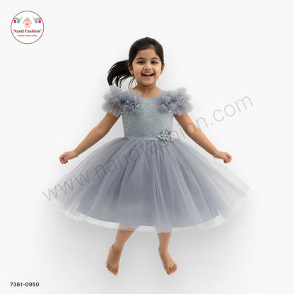 Girls Grey Net Party Wear Frock with Ruffle Sleeves & Floral Waist Appliqué