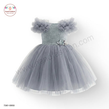 Girls Grey Net Party Wear Frock with Ruffle Sleeves & Floral Waist Appliqué