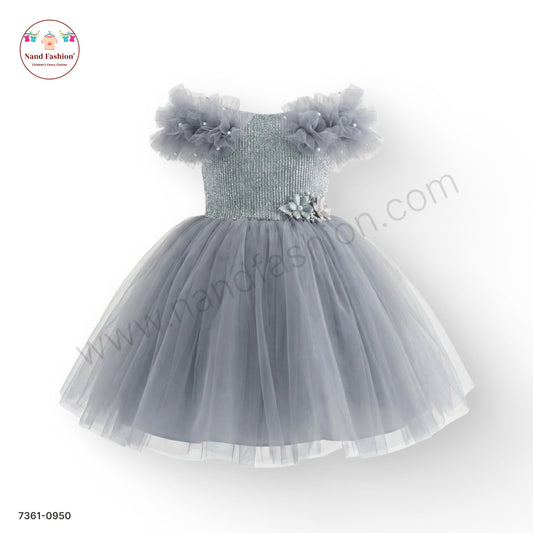 Girls Grey Net Party Wear Frock with Ruffle Sleeves & Floral Waist Appliqué