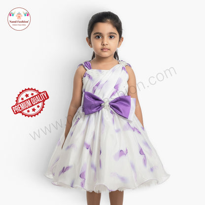 Girls White & Purple One-Shoulder Party Wear Frock | Elegant Bow Design Birthday Dress