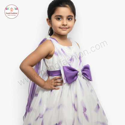 Girls White & Purple One-Shoulder Party Wear Frock | Elegant Bow Design Birthday Dress