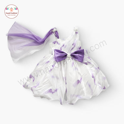 Girls White & Purple One-Shoulder Party Wear Frock | Elegant Bow Design Birthday Dress