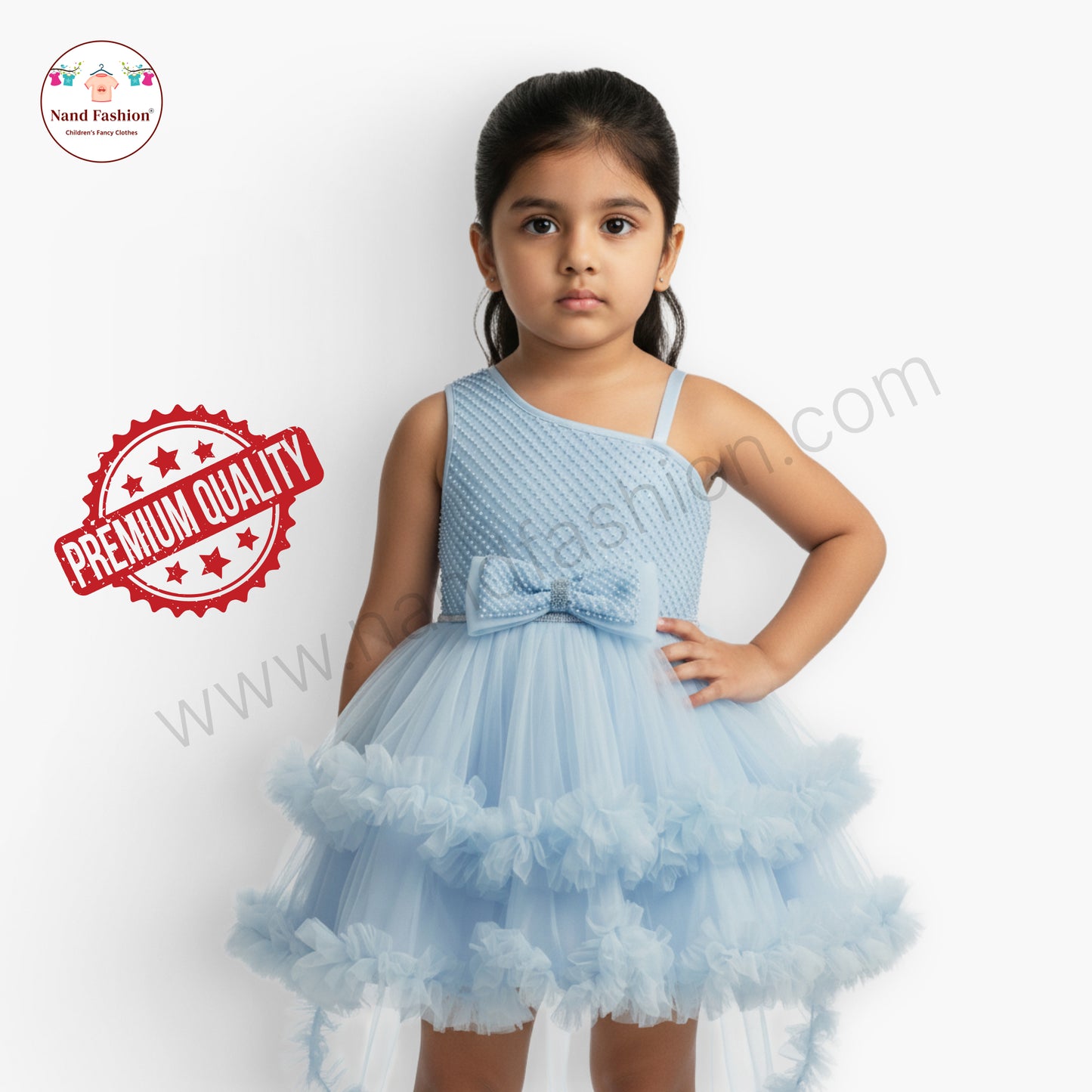 Girls Light Blue High-Low Party Wear Frock | Premium Net Gown with Bow Design