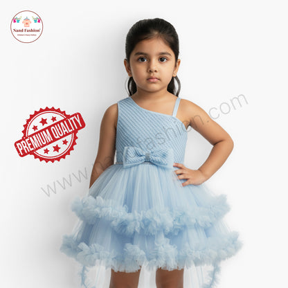 Girls Light Blue High-Low Party Wear Frock | Premium Net Gown with Bow Design