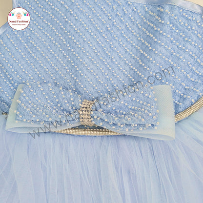 Girls Light Blue High-Low Party Wear Frock | Premium Net Gown with Bow Design