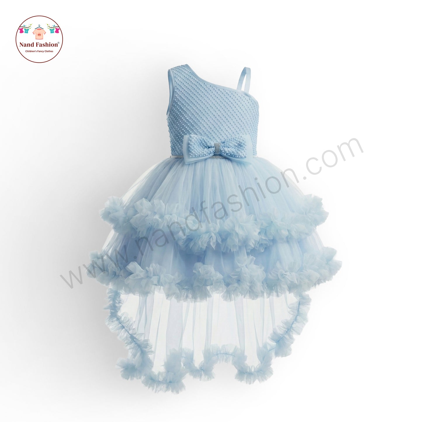 Girls Light Blue High-Low Party Wear Frock | Premium Net Gown with Bow Design