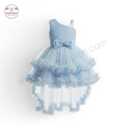 Girls Light Blue High-Low Party Wear Frock | Premium Net Gown with Bow Design
