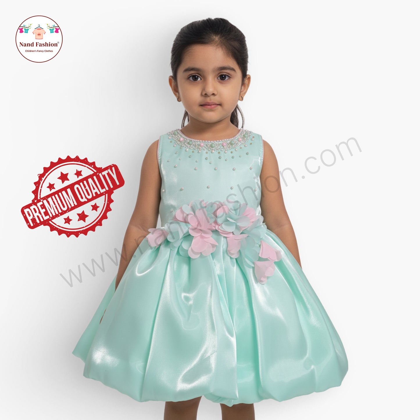 Girls Mint Green Party Wear Frock | Pearl Neckline & 3D Flower Design Birthday Dress
