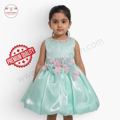 Girls Mint Green Party Wear Frock | Pearl Neckline & 3D Flower Design Birthday Dress