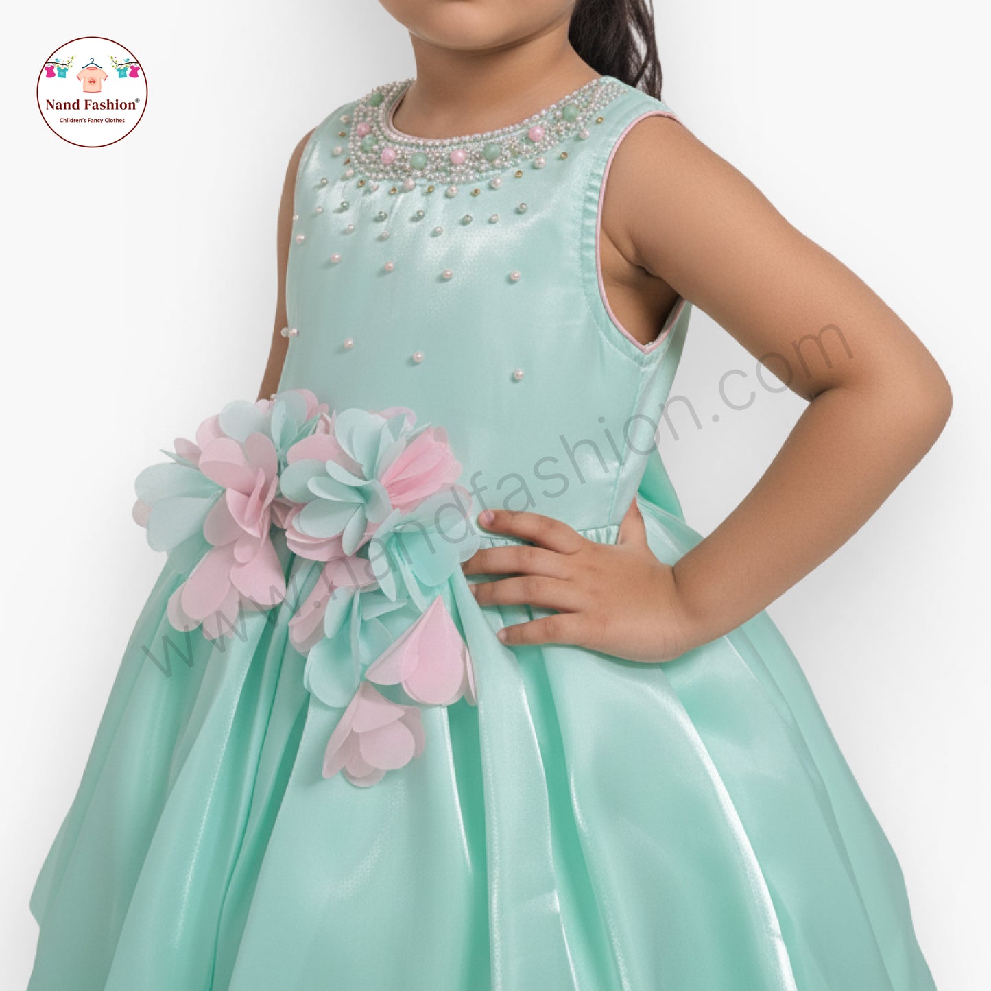 Girls Mint Green Party Wear Frock | Pearl Neckline & 3D Flower Design Birthday Dress