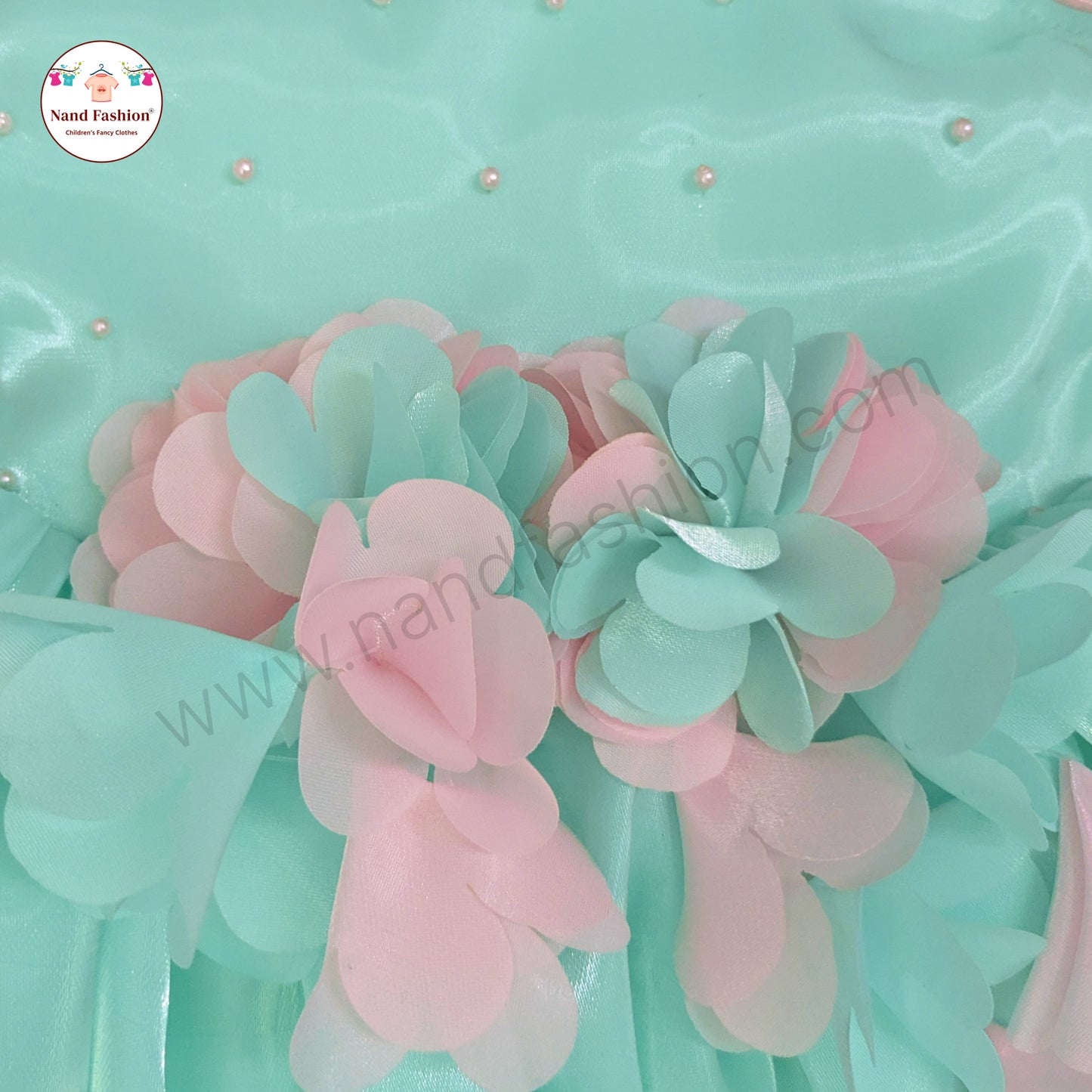 Girls Mint Green Party Wear Frock | Pearl Neckline & 3D Flower Design Birthday Dress
