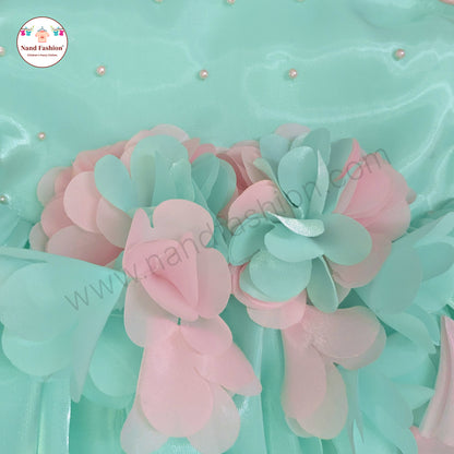 Girls Mint Green Party Wear Frock | Pearl Neckline & 3D Flower Design Birthday Dress