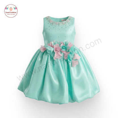 Girls Mint Green Party Wear Frock | Pearl Neckline & 3D Flower Design Birthday Dress