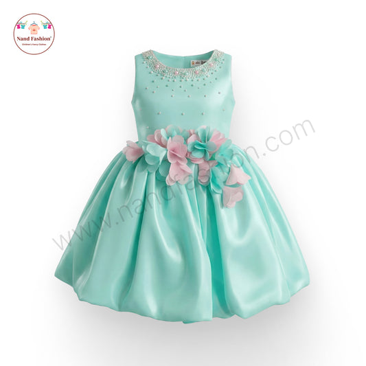 Girls Mint Green Party Wear Frock | Pearl Neckline & 3D Flower Design Birthday Dress