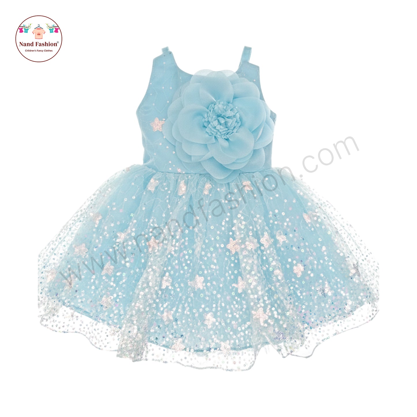 Girls Light Blue Party Wear Frock | Big Flower Design & Glitter Net Birthday Dress