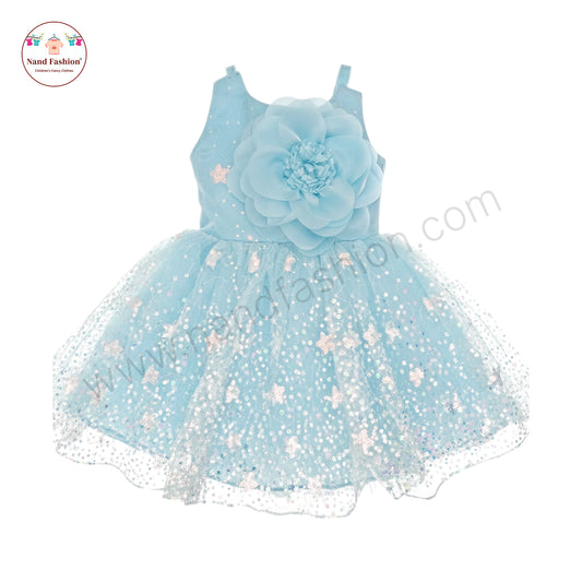 Girls Light Blue Party Wear Frock | Big Flower Design & Glitter Net Birthday Dress