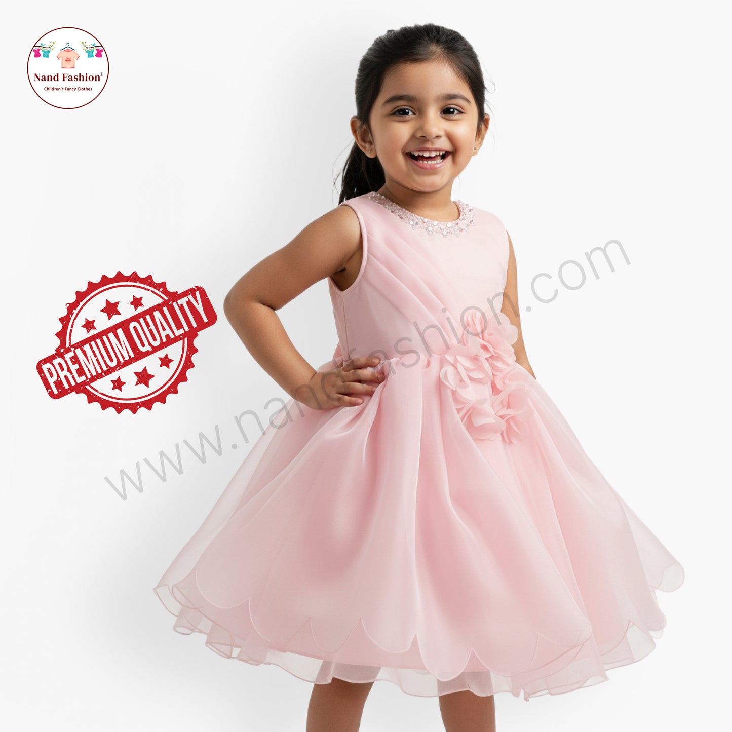 Girls Light Pink Party Wear Frock | Pearl Neckline & Floral Design Birthday Dress
