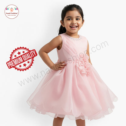 Girls Light Pink Party Wear Frock | Pearl Neckline & Floral Design Birthday Dress