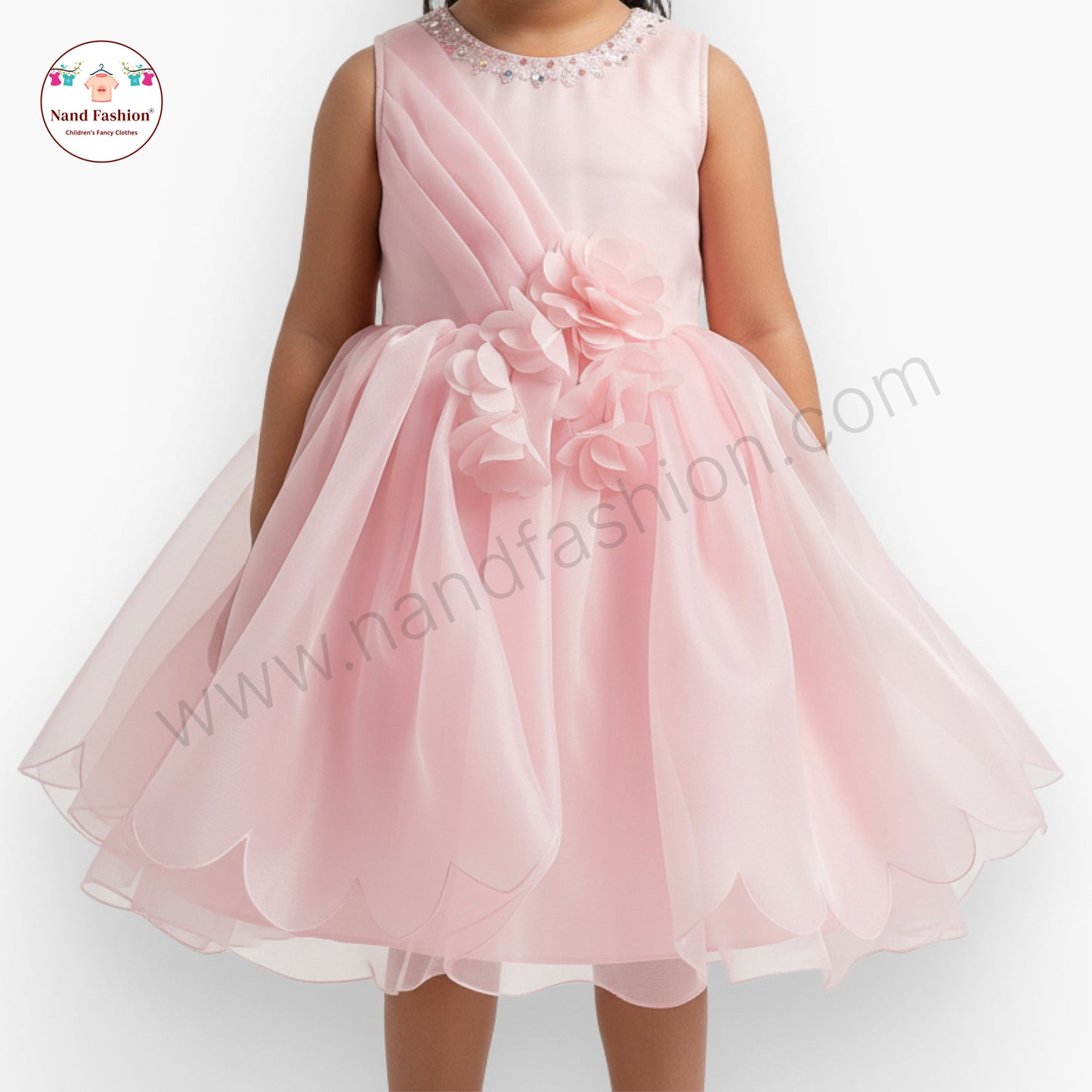 Girls Light Pink Party Wear Frock | Pearl Neckline & Floral Design Birthday Dress
