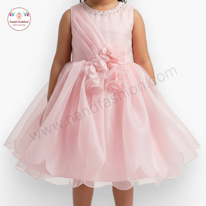 Girls Light Pink Party Wear Frock | Pearl Neckline & Floral Design Birthday Dress