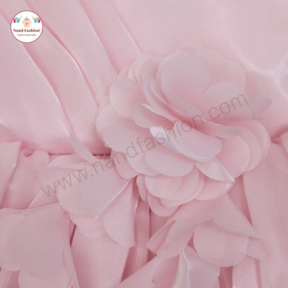 Girls Light Pink Party Wear Frock | Pearl Neckline & Floral Design Birthday Dress