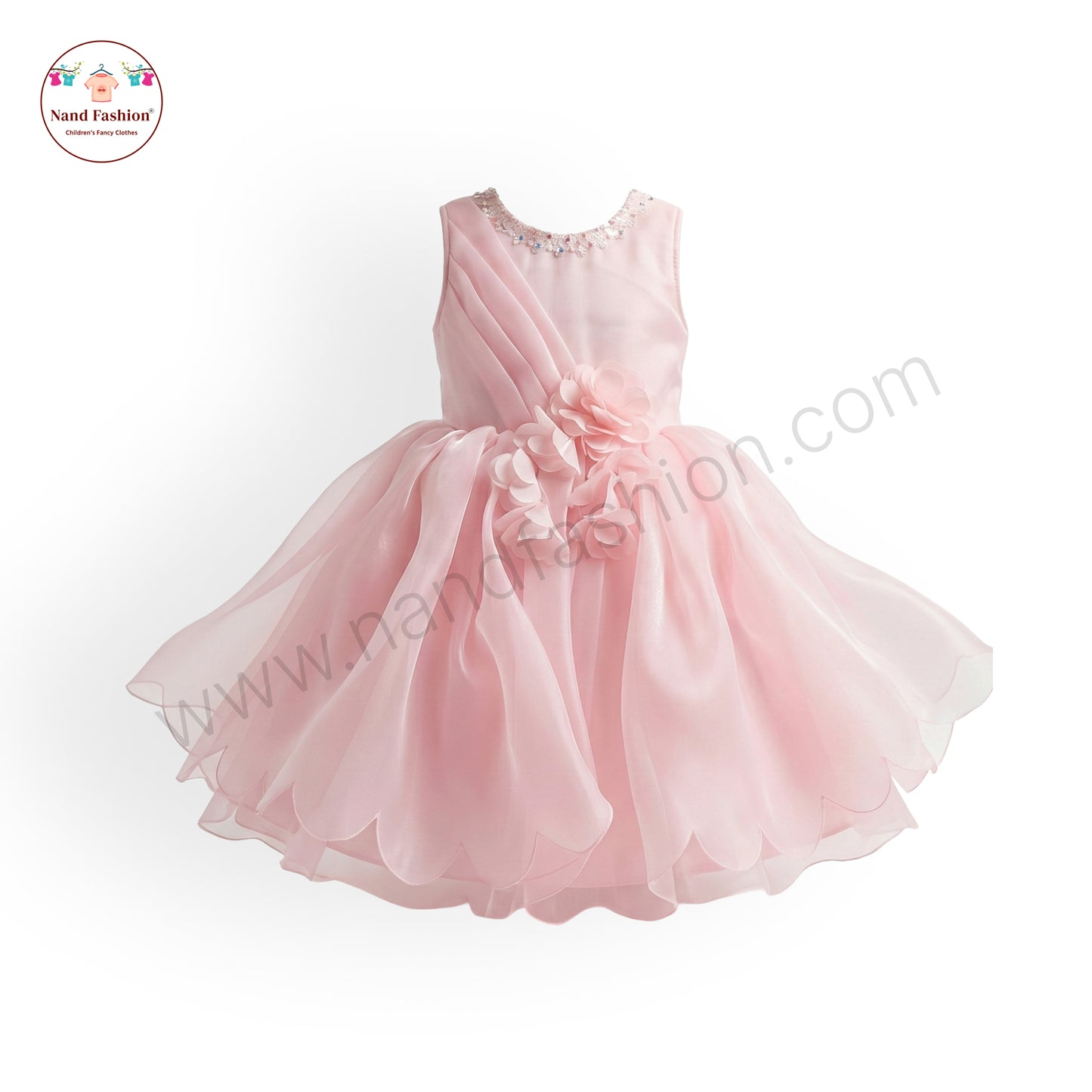 Girls Light Pink Party Wear Frock | Pearl Neckline & Floral Design Birthday Dress