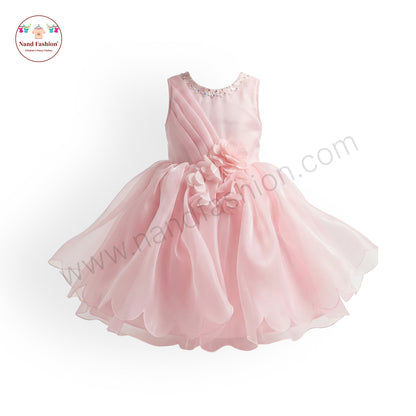 Girls Light Pink Party Wear Frock | Pearl Neckline & Floral Design Birthday Dress