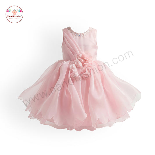 Girls Light Pink Party Wear Frock | Pearl Neckline & Floral Design Birthday Dress