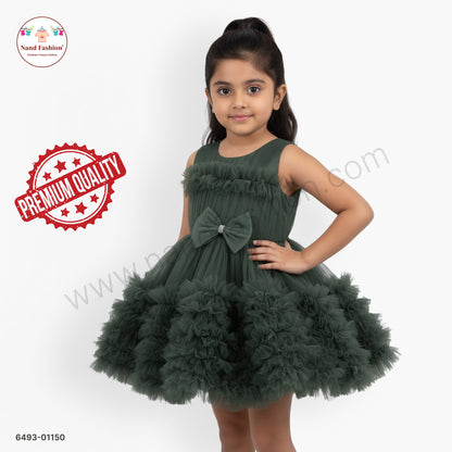 Girls Dark Green Layered Net Party Wear Frock with Bow Detail – Premium Occasion Dress