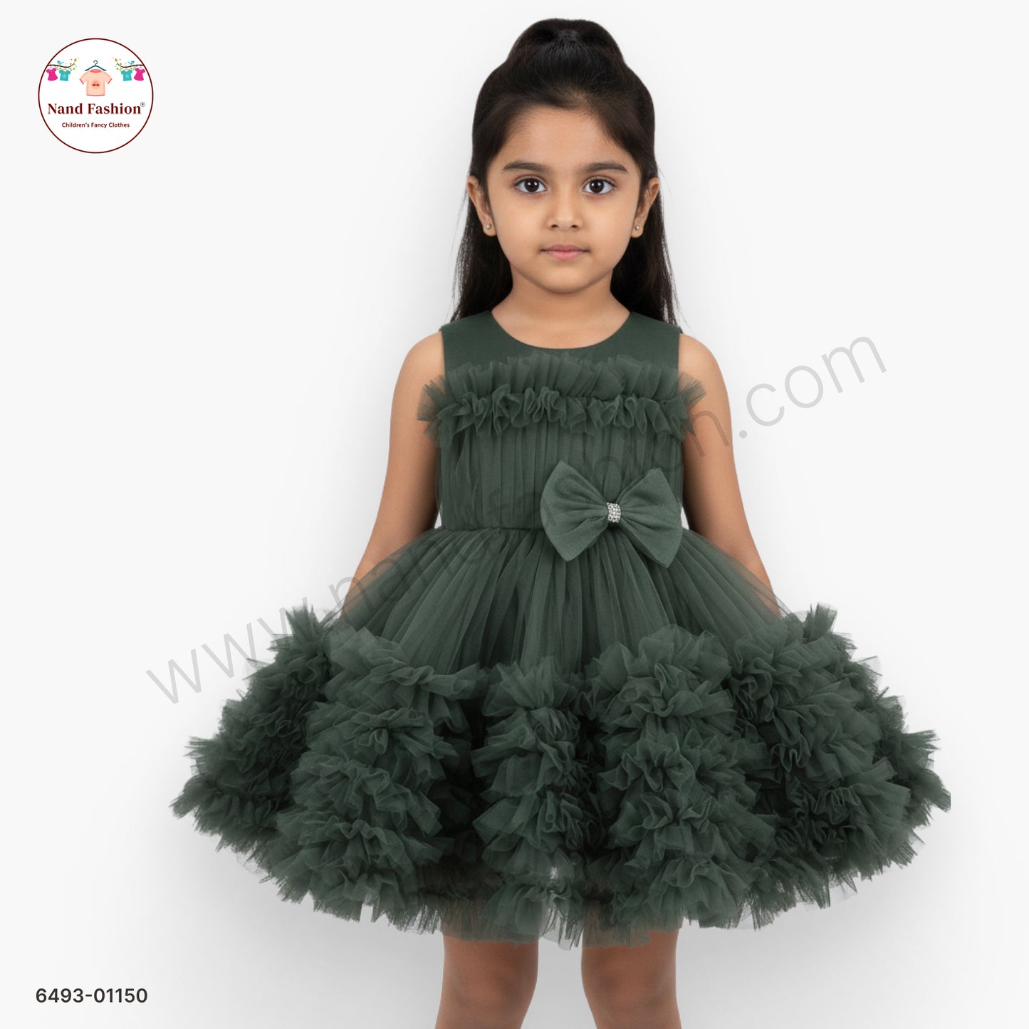 Girls Dark Green Layered Net Party Wear Frock with Bow Detail – Premium Occasion Dress