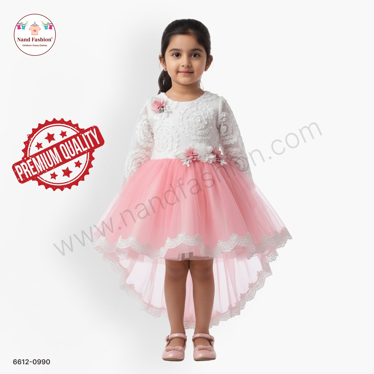 Girls White & Pink Net Party Wear Frock with Floral Appliqué – Elegant Princess Dress