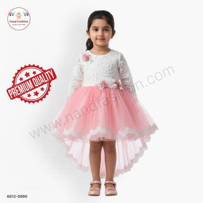 Girls White & Pink Net Party Wear Frock with Floral Appliqué – Elegant Princess Dress