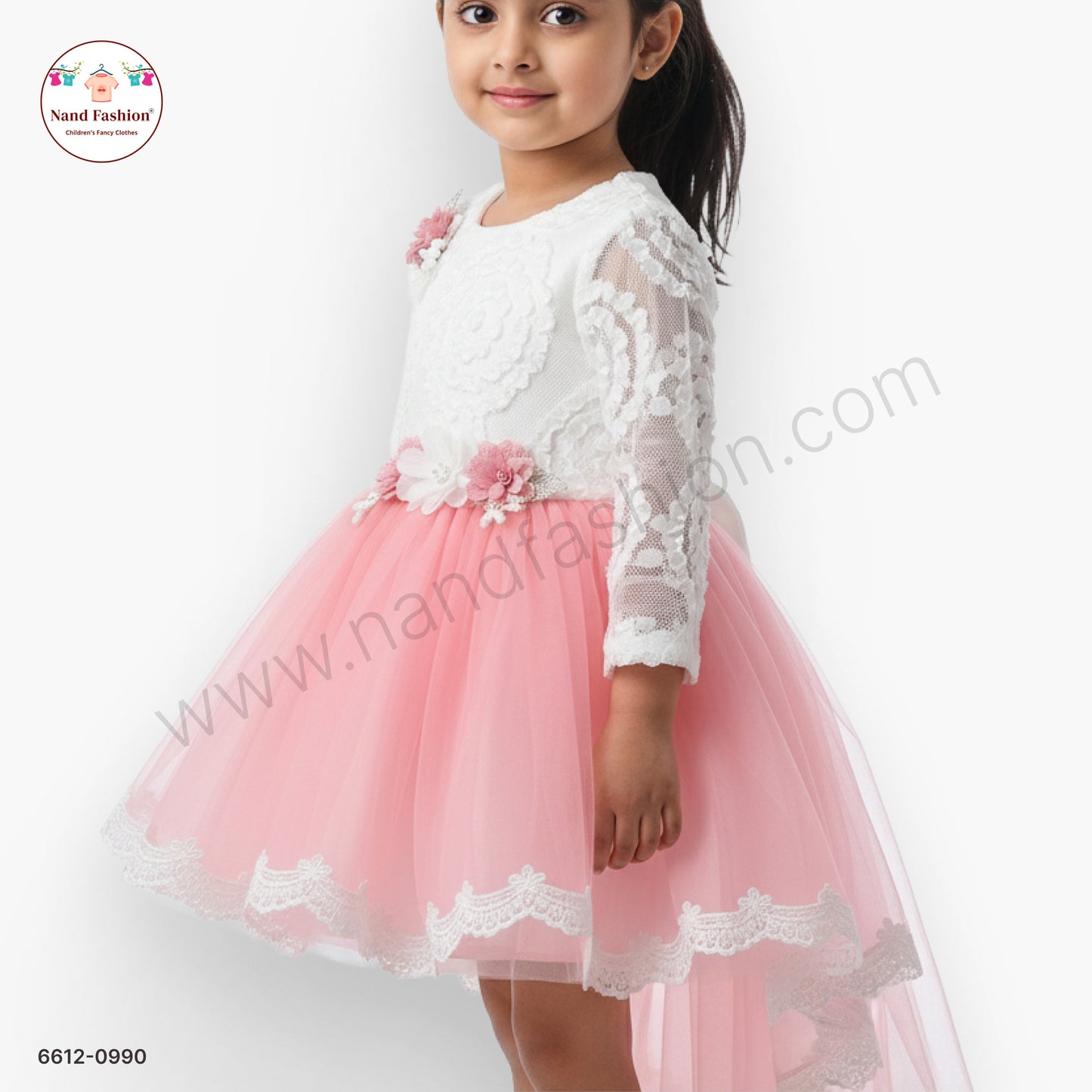 Girls White & Pink Net Party Wear Frock with Floral Appliqué – Elegant Princess Dress