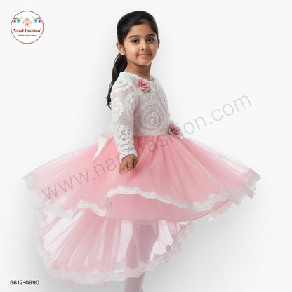 Girls White & Pink Net Party Wear Frock with Floral Appliqué – Elegant Princess Dress