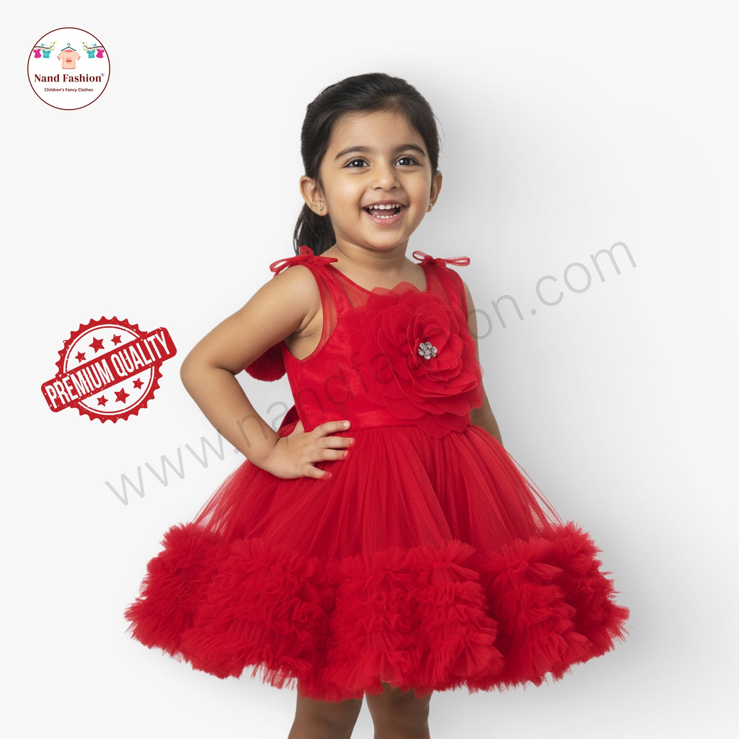 Girls Red Party Wear Frock | Pom-Pom Strap & Flower Design Net Dress