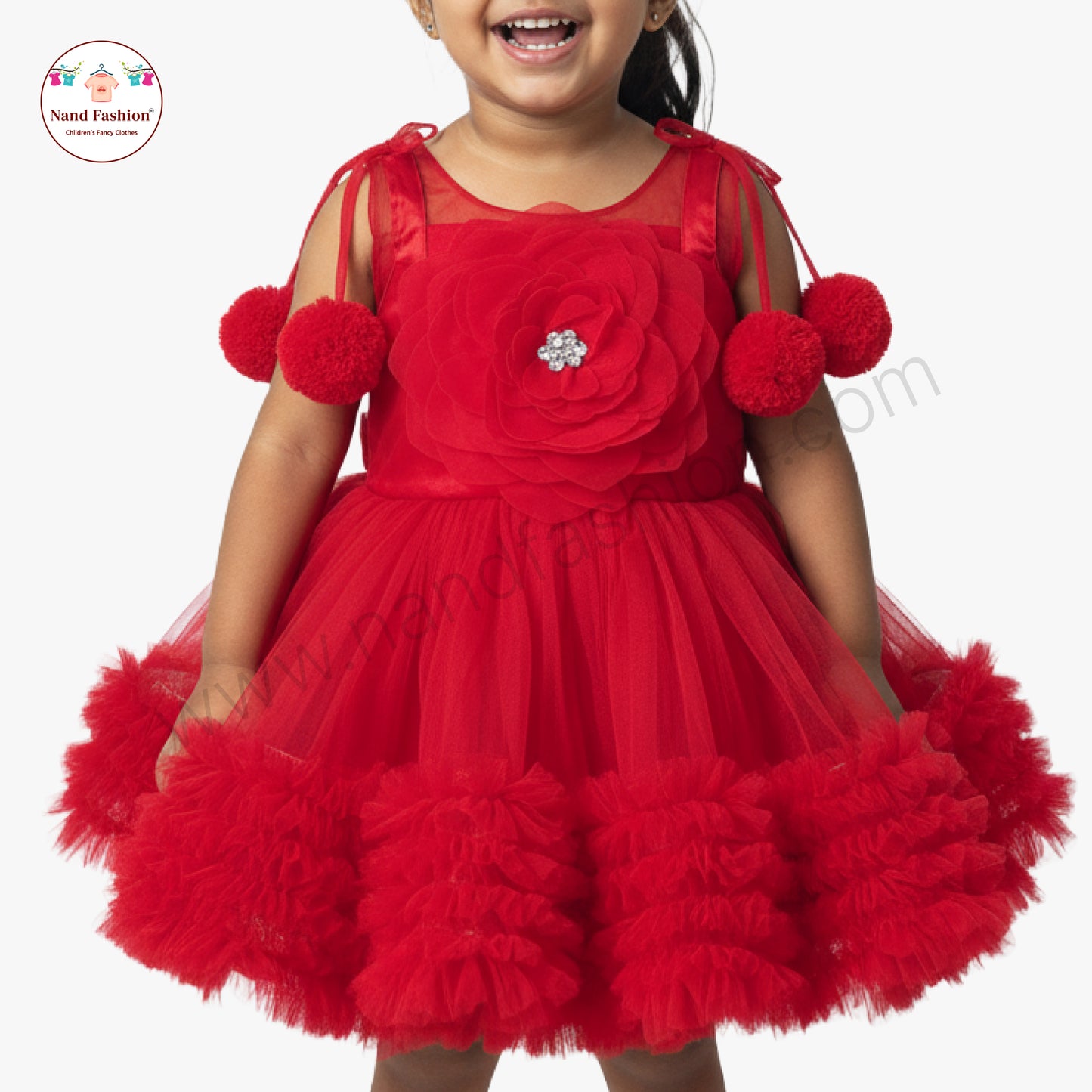 Girls Red Party Wear Frock | Pom-Pom Strap & Flower Design Net Dress